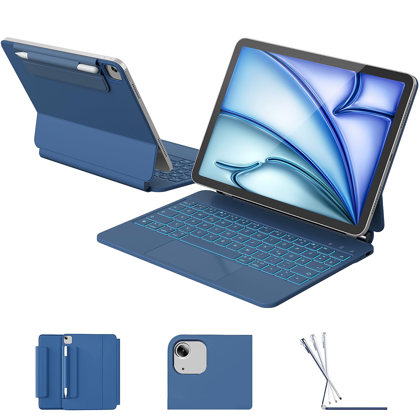 RAYMCRAFT für iPad Air 11 Zoll (M4/M3/M2) & iPad Pro 11 Zoll (4./3./2./1. Gen.) Hülle mit Tastatur, Magic Keyboard für iPad Air 5./4. Gen, 11-Farbig Beleuchtung, Smart Trackpad, Stifthalter, Stahlblau