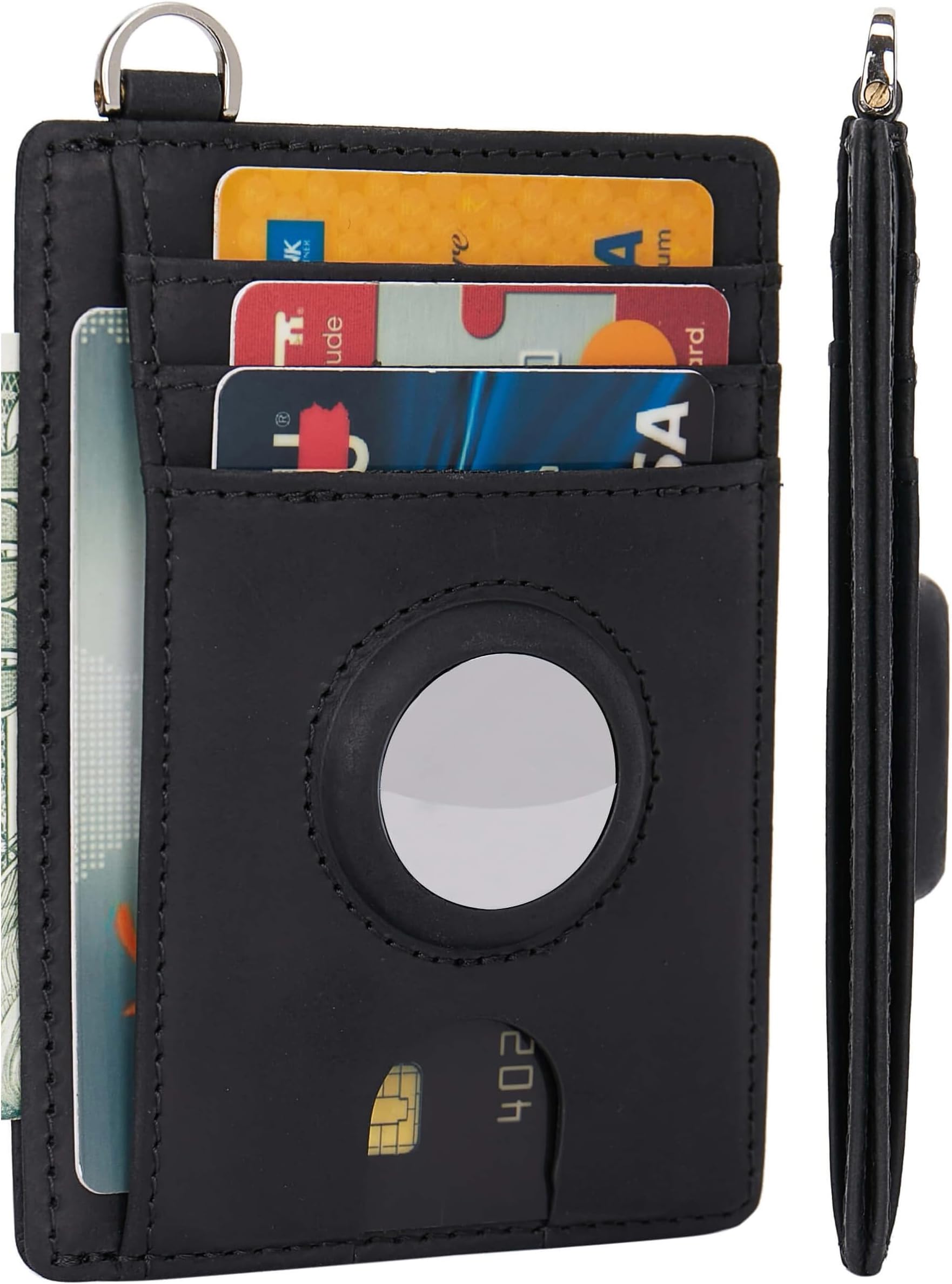 LinsCraft Slim Minimalist AirTag Card Wallet for Men & Women, Small Leather Front Pocket Wallet with AirTag Holder, RFID Blocking, Credit Card Holder, Crazy Horse Black, small