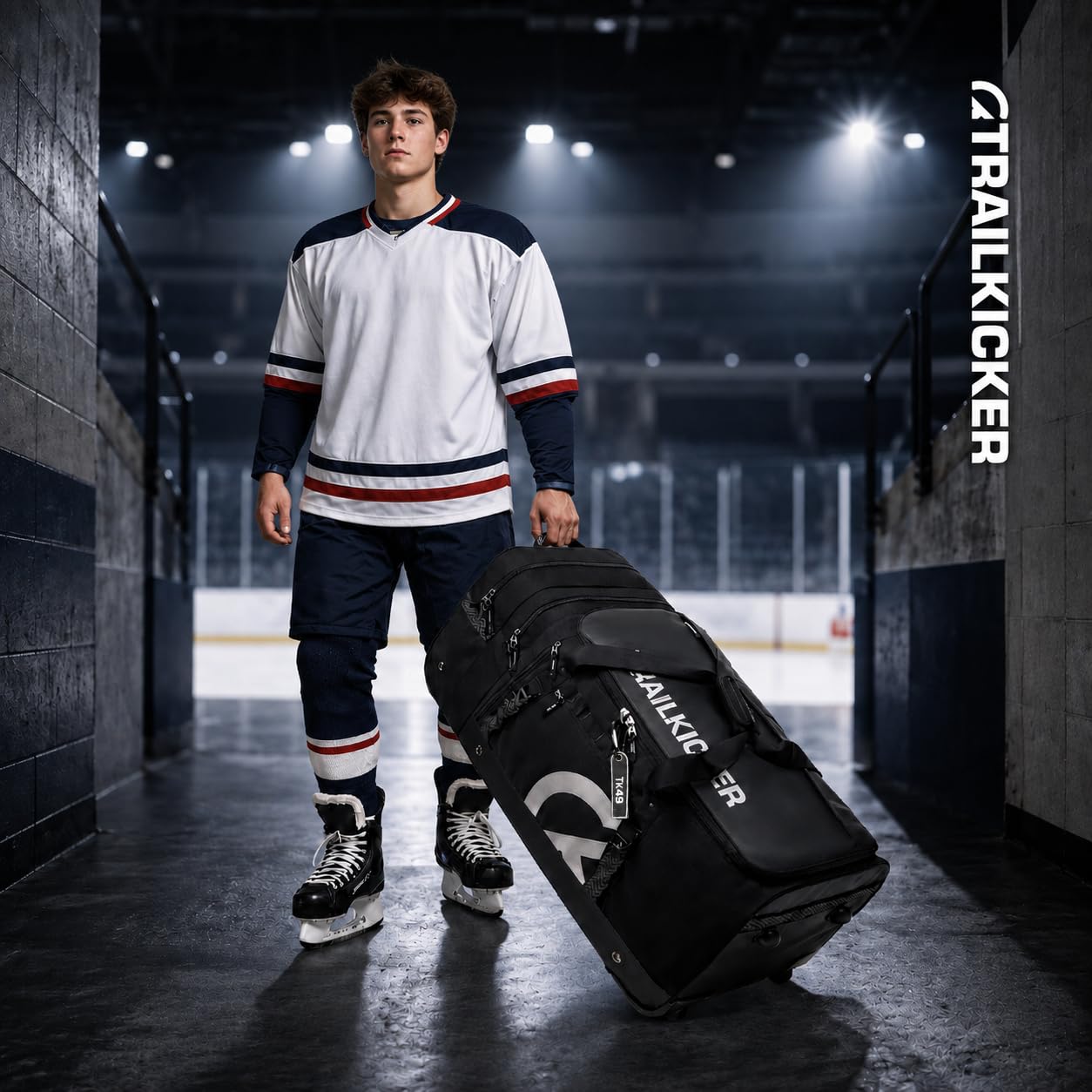 TRAILKICKER Sac de hockey extra large avec roues, sac de transport durable pour équipement de sport avec plusieurs poches, idéal pour le hockey sur glace et les équipements de sport, noir