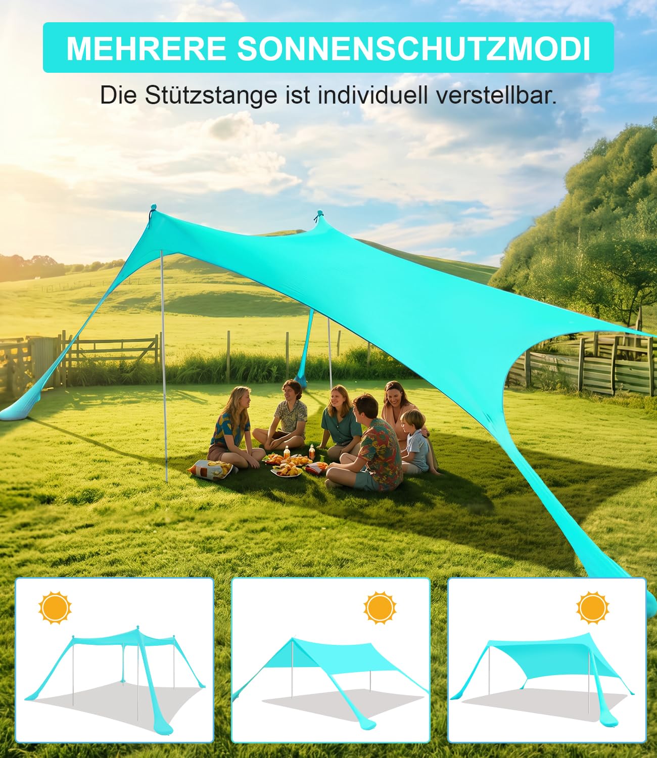 UPF50+ Strandzelt 3m x 3m Sonnenzelt mit Sandschaufel & Erdnägeln für Strand Camping Angeln