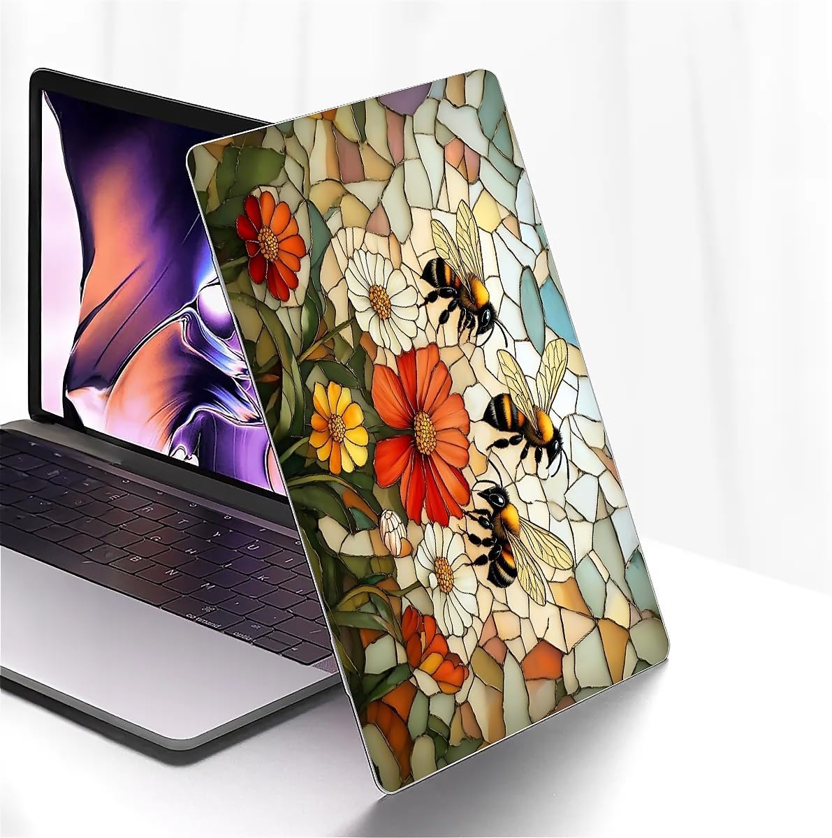 for MacBook Air 13 Inch Release 2018/2020 Model A1932/A2179/A2337 Clear Computer Case,Novelty Premium Pattern Hardshell Laptop Case Bees Picking Nectar and Flowers Fluttering