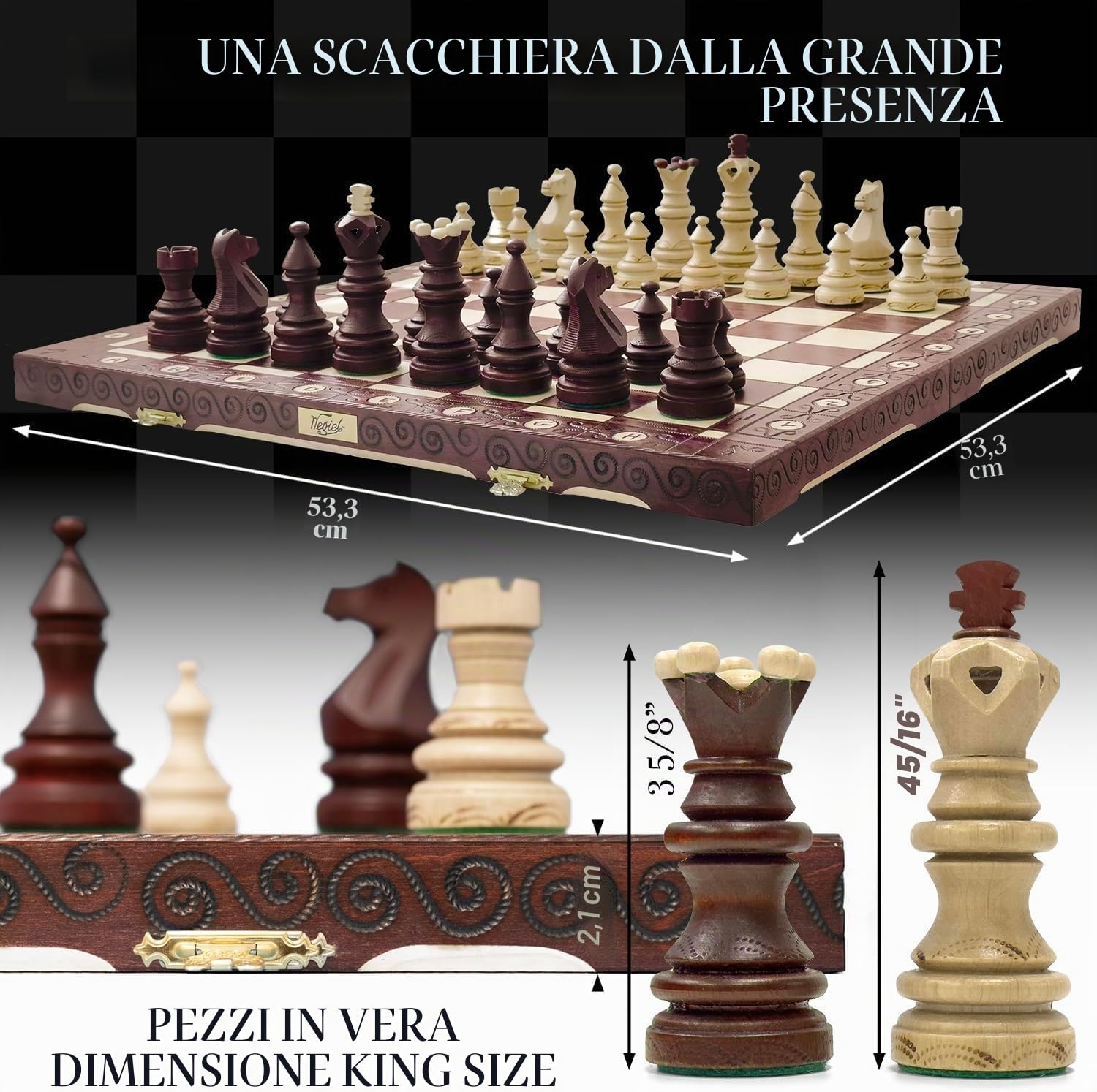 Imperator - Set di scacchi in legno di lusso da 21 pollici, per adulti e bambini, realizzato a mano in legno di faggio e betulla di alta qualità