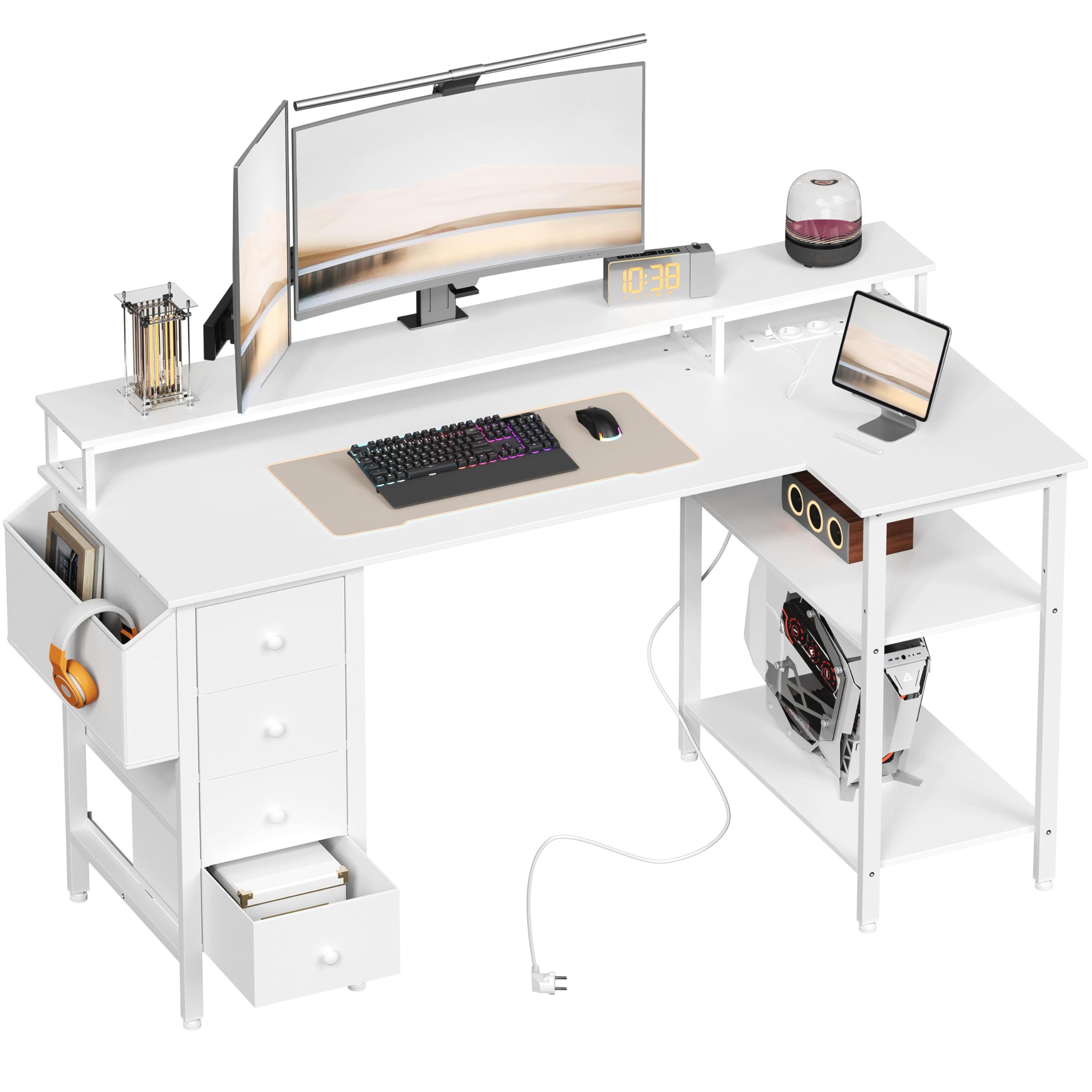 Abician Bureau d'angle Réversible, 140x68cm, avec Port De Charge USB, Blanc