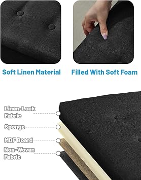 AmasSmile 2PC Storage Bench Folding Storage Ottoman Foot Rest Stool, Black Linen Footstool Bench, Short Ottoman Bench, Storage Foot Rest Store as Books, and Blanket Storage or Others, 34in and 17in