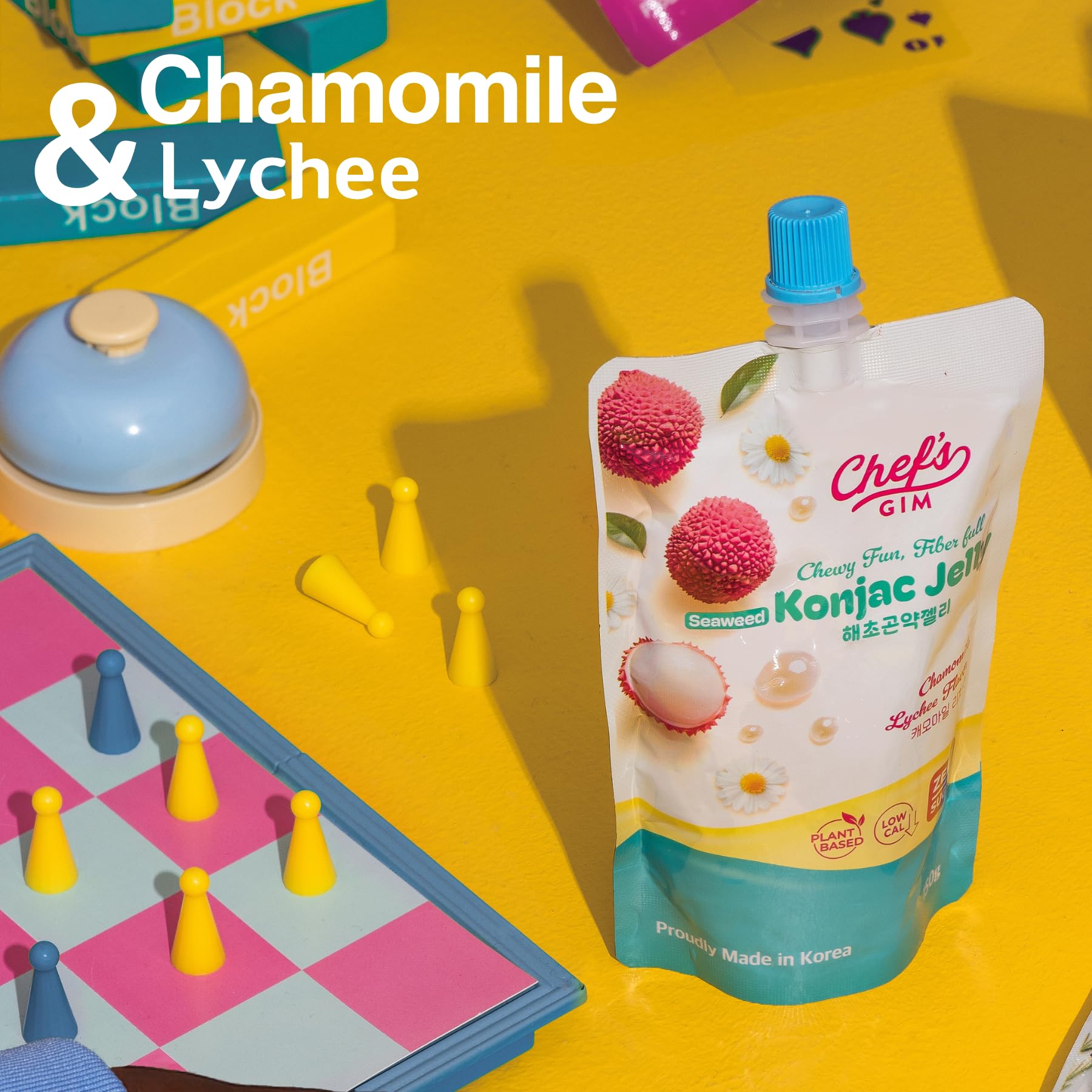 Chef’s Gim Konjak-Getränkegelee | 10er Set à 150g | Vegan, Kalorienarm, zuckerfrei & ballaststoffreich | 3 Sorten: Pfirsich-Schwarztee, Kamille-Litschi, Lavendel-Apfel-Mango (Kamille-Litschi)