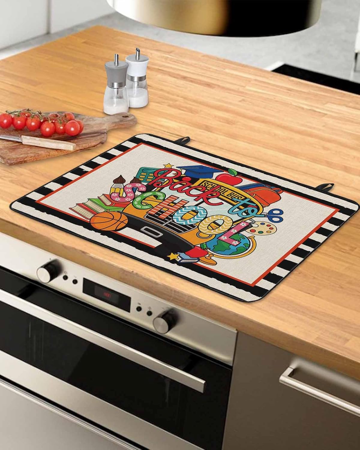Back To School Stove Top Cover for Electric Stove, Bus Stripe Black Cartoon Basketball Heat-proof & Non Slip Glass Top Stove Cover Protector, Kitchen Flat Cooktop Rubber Mat 31x24 Inches
