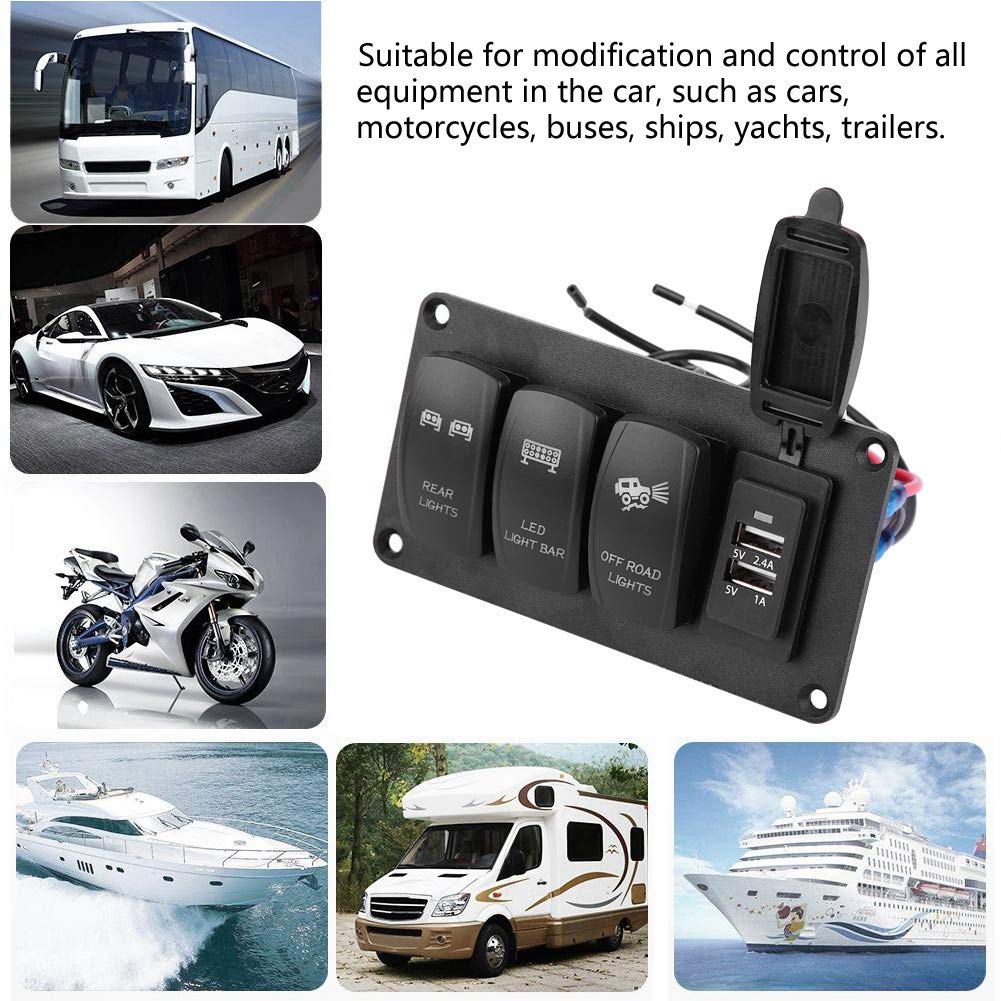 Interruptor de luz dual, interruptor de luz dual 12 / 24V 3 interruptores + LUCES TRASERAS/BARRA DE LUZ LED/LUCES DE CARRETERA 3.4A Cargador de coche