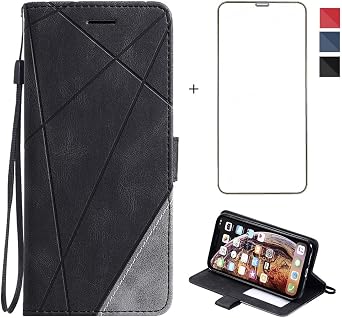 Compatible with iPhone XR Wallet Case and Tempered Glass Screen Protector Leather Flip Cover Credit Card Holder Cell Phone Cases for iPhoneXR iPhone10R i Phonex 10XR 10R 10 R RX CR iPhoneXRcases Black
