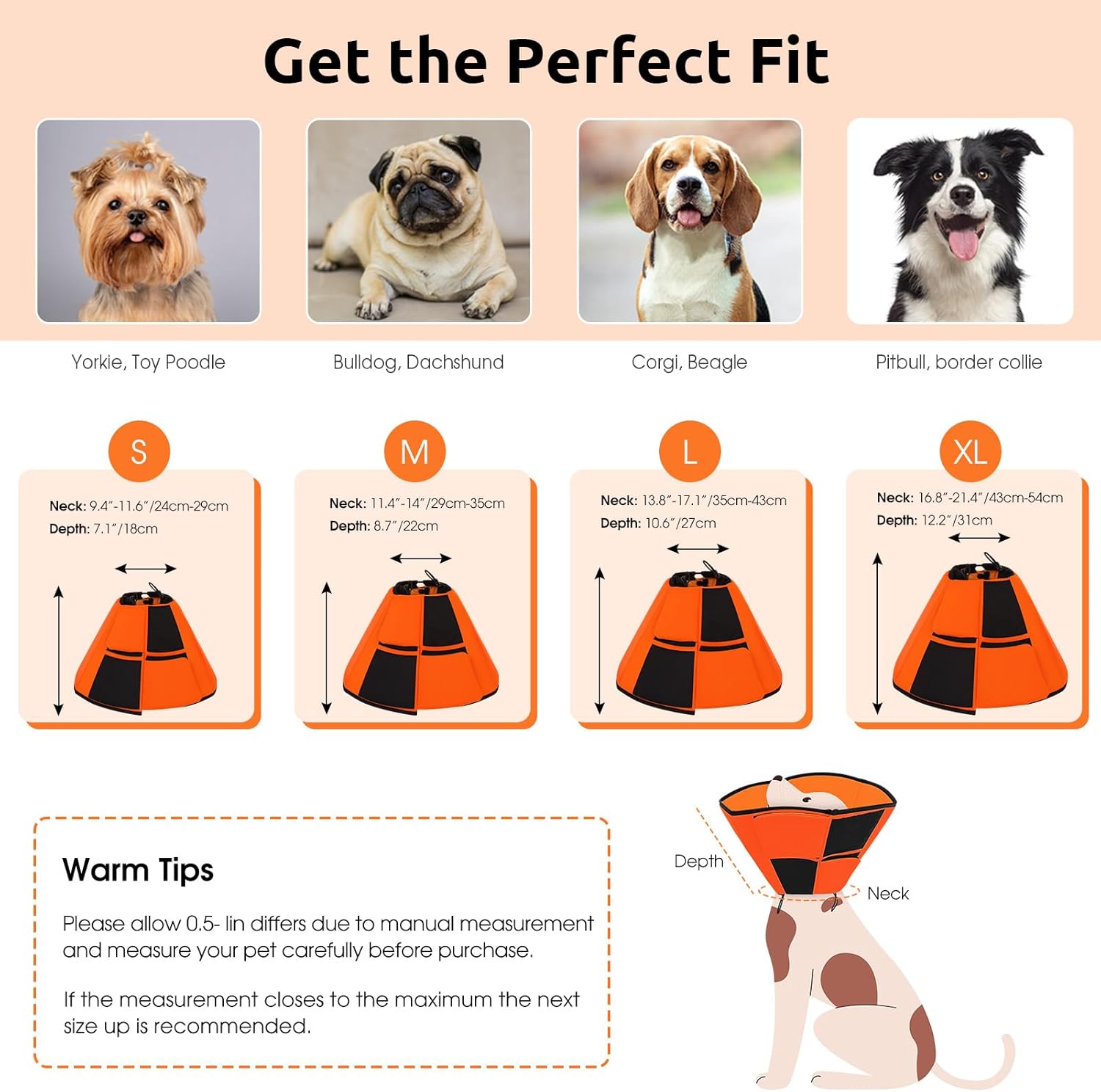 Queenmore Dog Cones for Small Dogs, Soft Cone for Dogs, Dog Cone Collar to Prevent Licking Wounds, Adjustable Comfy Cones for Pets, Adjustable Elizabethan Collar for Cat, Orange S