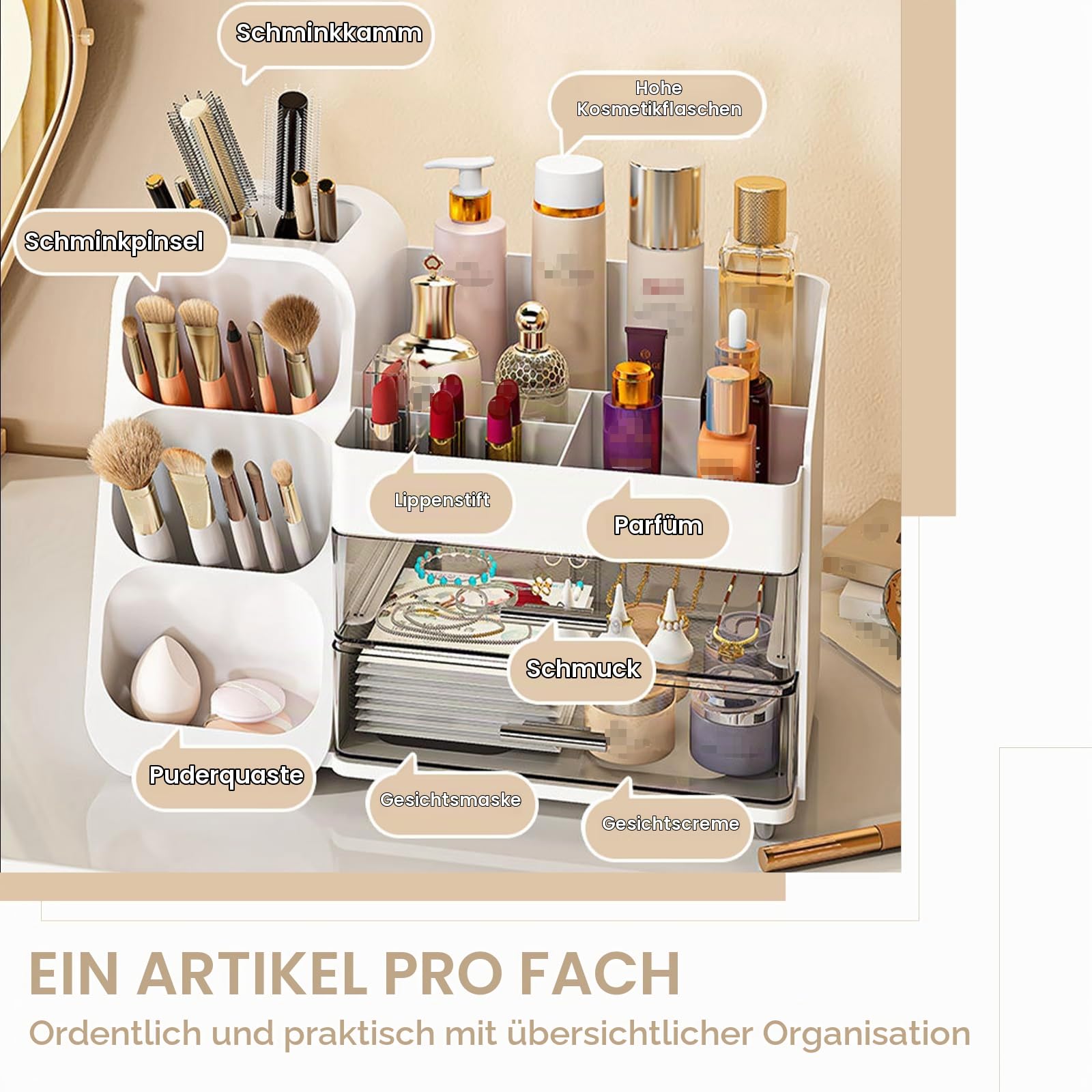 Multifunktion Kosmetik-Organizer mit großem Fassungsvermögen,Make up Organizer mit Schubladen,Einfache Aufbewahrung für Make-Up Pinsel Wattepads,Schreibtisch Organizer für Dresser Skincare (Rosa)