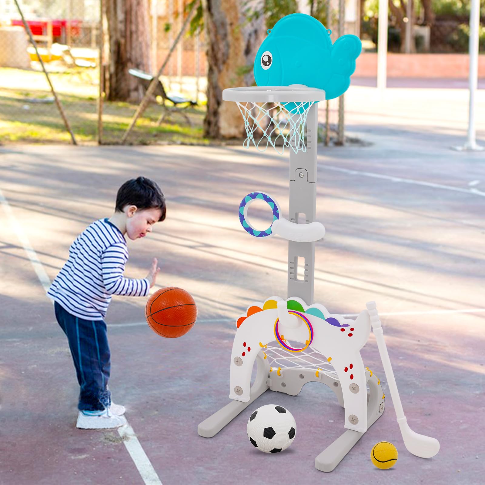 5IN1 Panier de Basket Enfant,Hauteur Réglable de 95 à 135 cm, Panier de Basket intérieur/extérieur pour garçons et Filles de 3 à 12 Ans, Jouet de Sport Stable pour Jardin et Chambre d'enfant