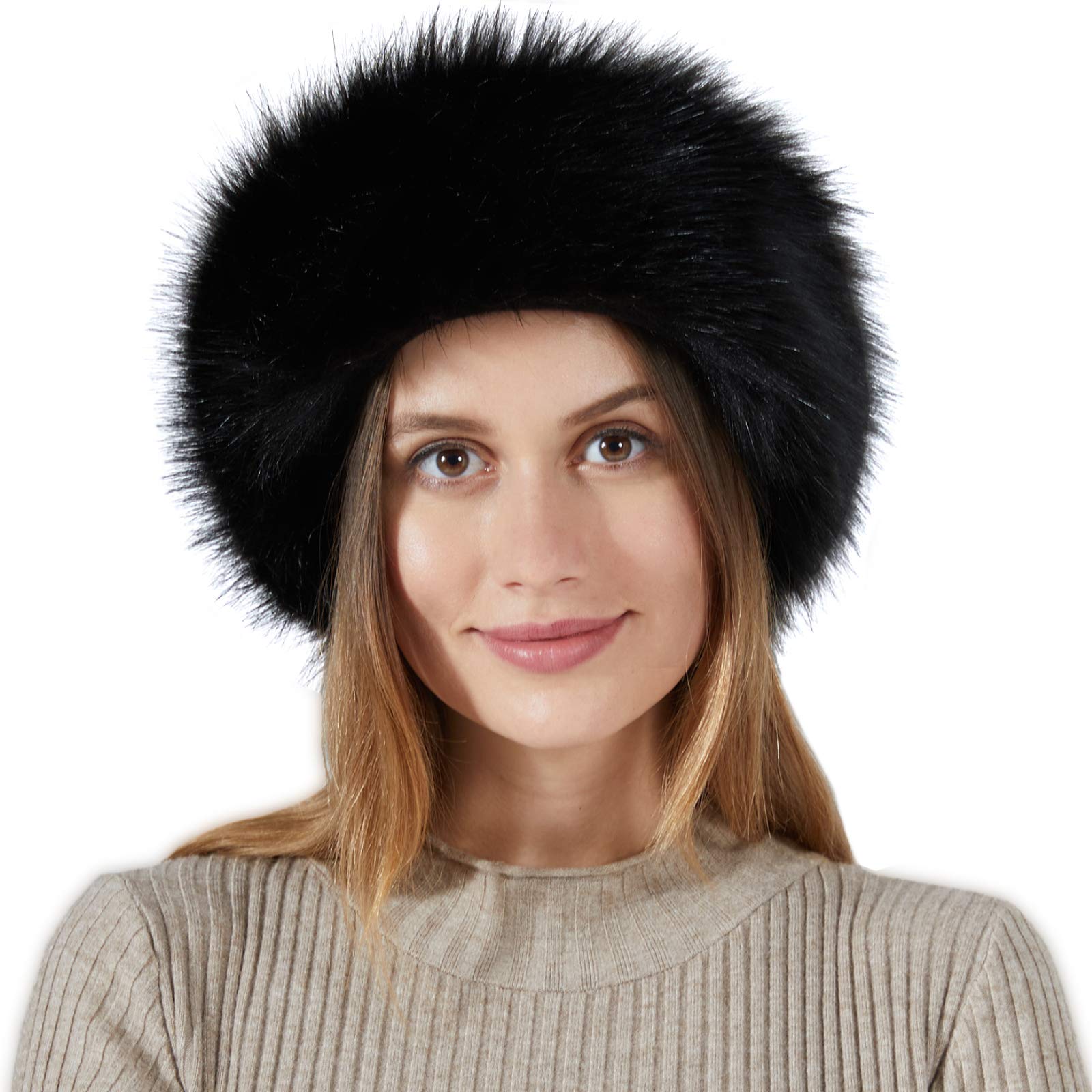 Fancylovesotio Womens Faux Fur Headband with Elastic Earwarmer Earmuff for winter cold weather (Black)