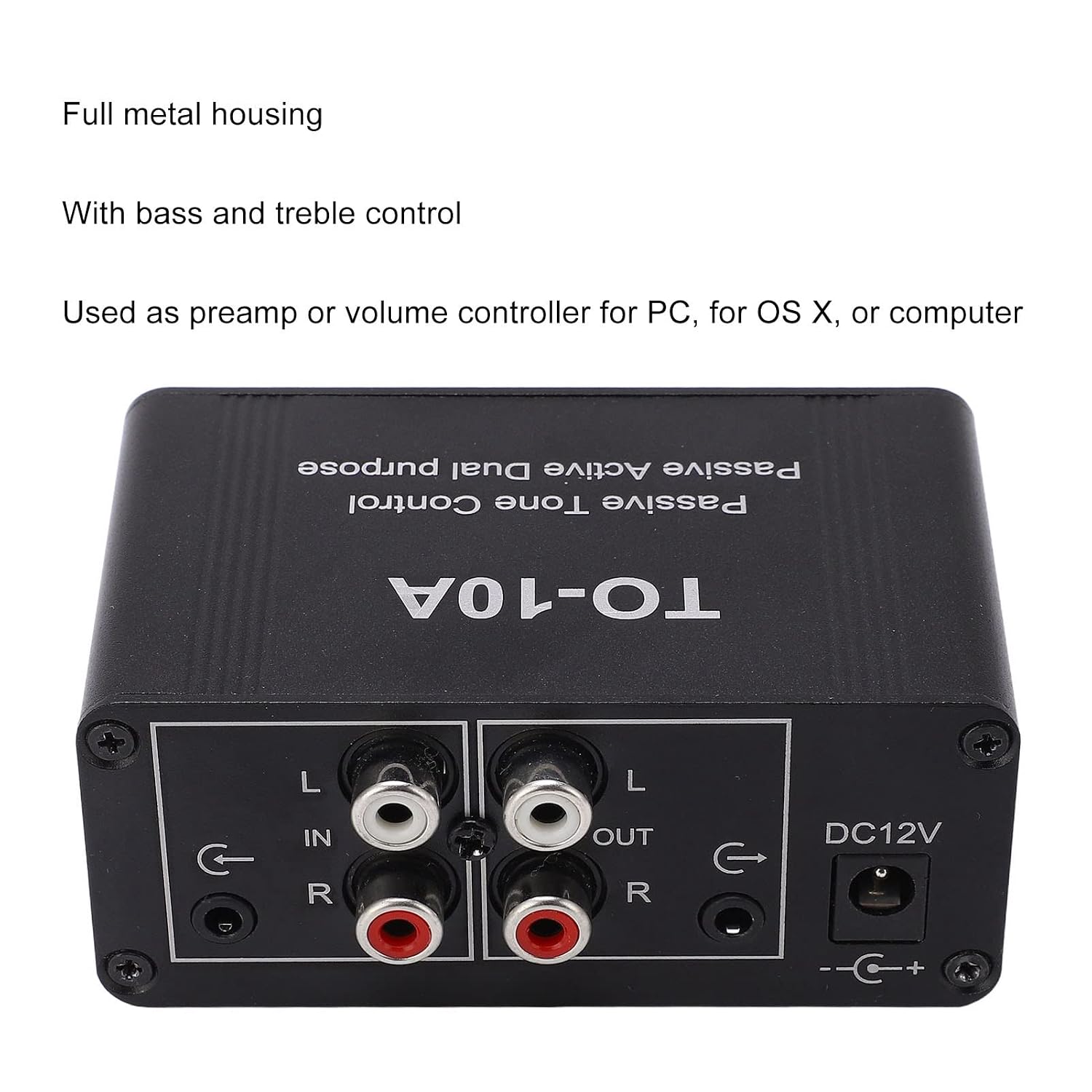 Garosa Mini Electronic Stereo Audio Preamplifier - DC 12V Powered, 3.5mm Input Jack with Adjustable Bass and Treble Volume Control, Compact Stereo Amplifier for Speakers
