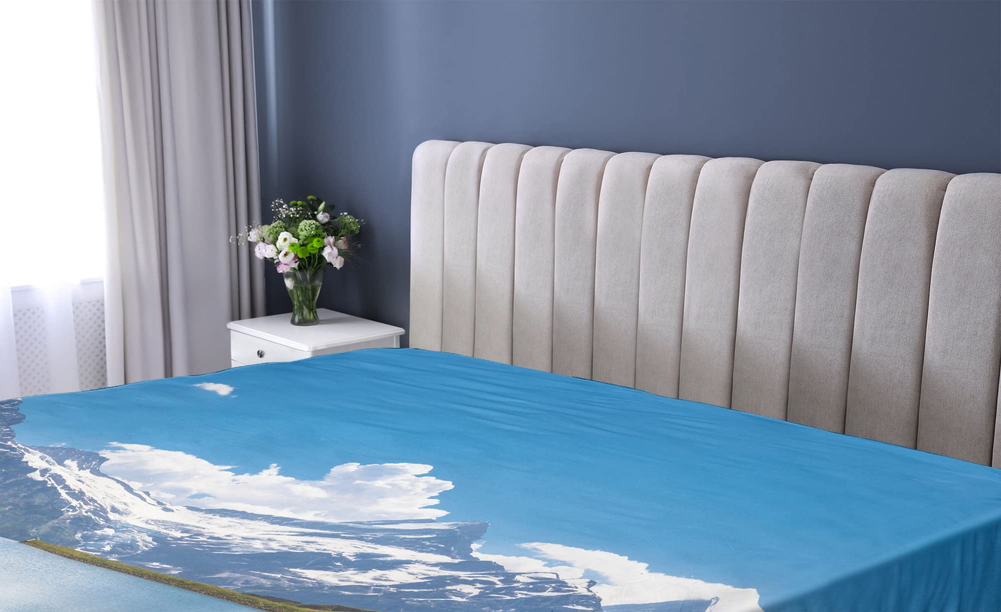 Ambesonne Landscape Fitted Sheet, Dreamy View of Alpine Lake with Snow Frozen Peaks Swiss Northern Explore, Bed Cover with All-Round Elastic Deep Pocket for Comfort, Twin XL Size, Azure Blue