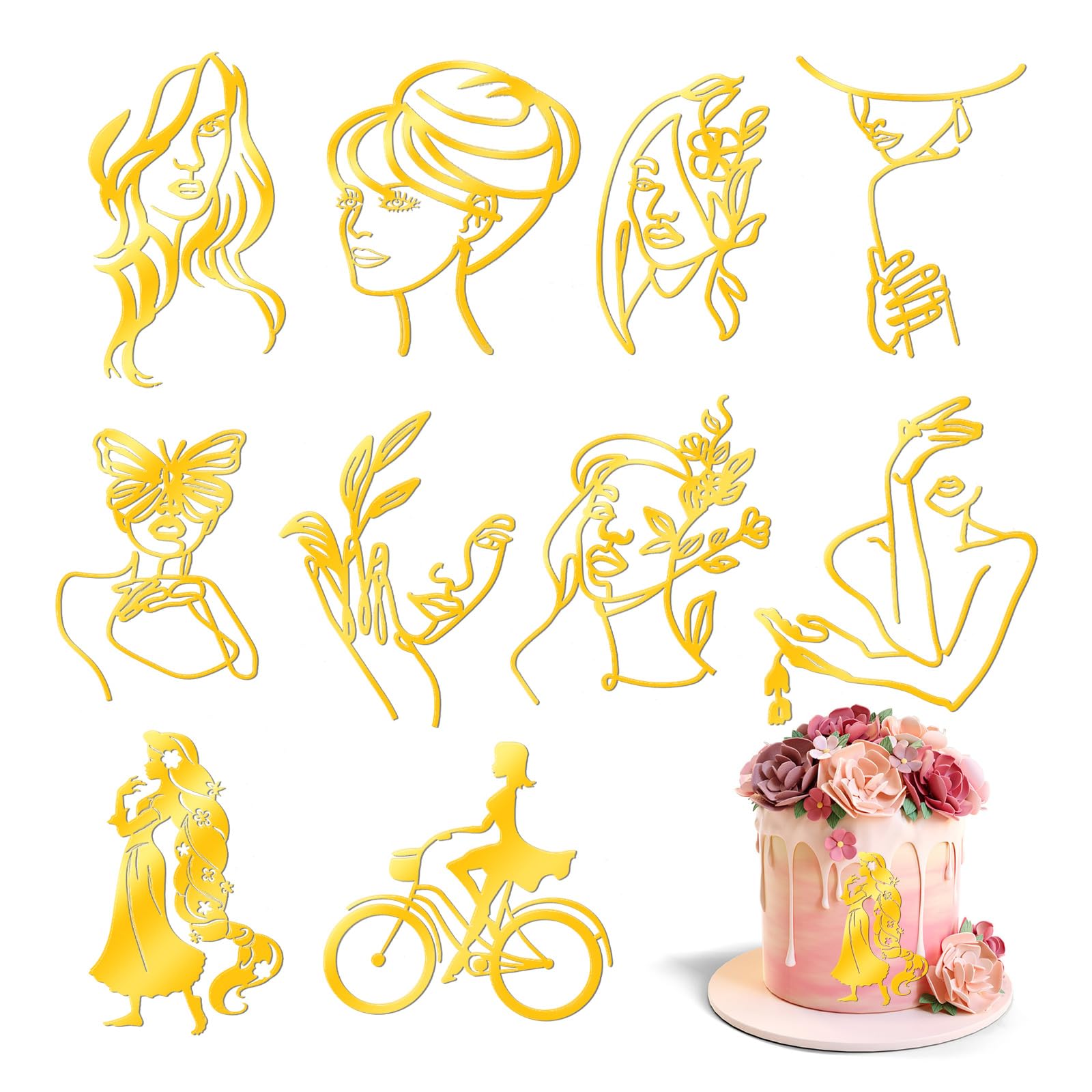 Acrylic Lady Face Cake Topper, Minimalist Art Happy Birthday Cake Toppers Acrylic Boho Cake Topper Women Wedding Cake Decoration for Wedding Birthday Party(10 PCS, Gold)