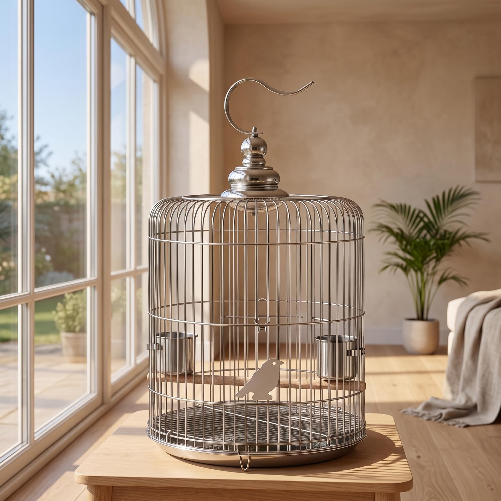 Rund Vogelkäfig mit Sitzstange rostfrei Edelstahl-vogelkäfig aufhängbar kuppelkäfig mit futtnäpfen für wellensittiche, wohnzimm, zuhause, Balkon, 32型
