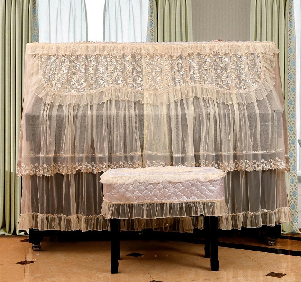 Klavier-Schutztuch, 150 x 105 x 40 cm, beige, ländliche bestickte Spitze, Rüschen, Staubschutz for aufrechte Klaviere mit Hocker-Abdeckung, vollständige Abdeckung for aufrechte Klaviere (Farbe: Konkub