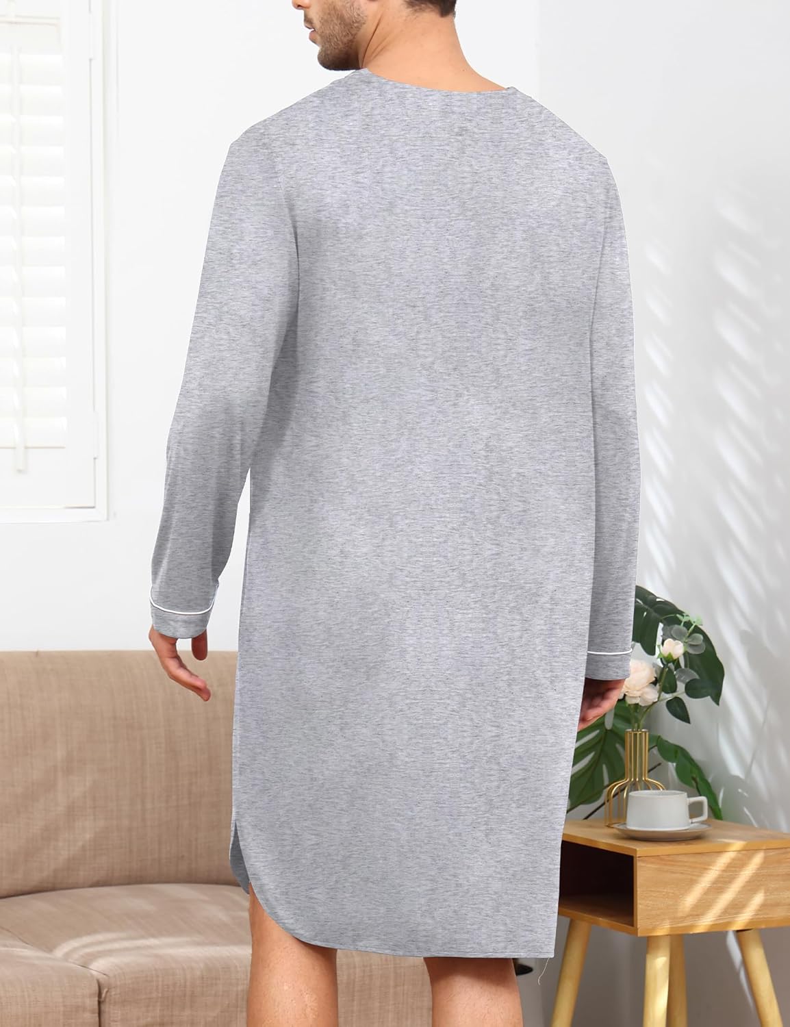 SWOMOG Men's Nightshirt Long Sleeve Nightgown Soft Loose Sleepwear Lightweight Nightwear Comfy Henley Sleep Shirt M-3XL - Image 4