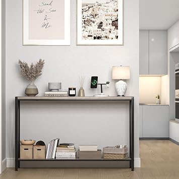 Console Table with Metal Frame, 2-Tier Narrow Long Sofa Table Shelf, Farmhouse Entryway Table for Living Room Hallway 110L x 25W x 76H cm