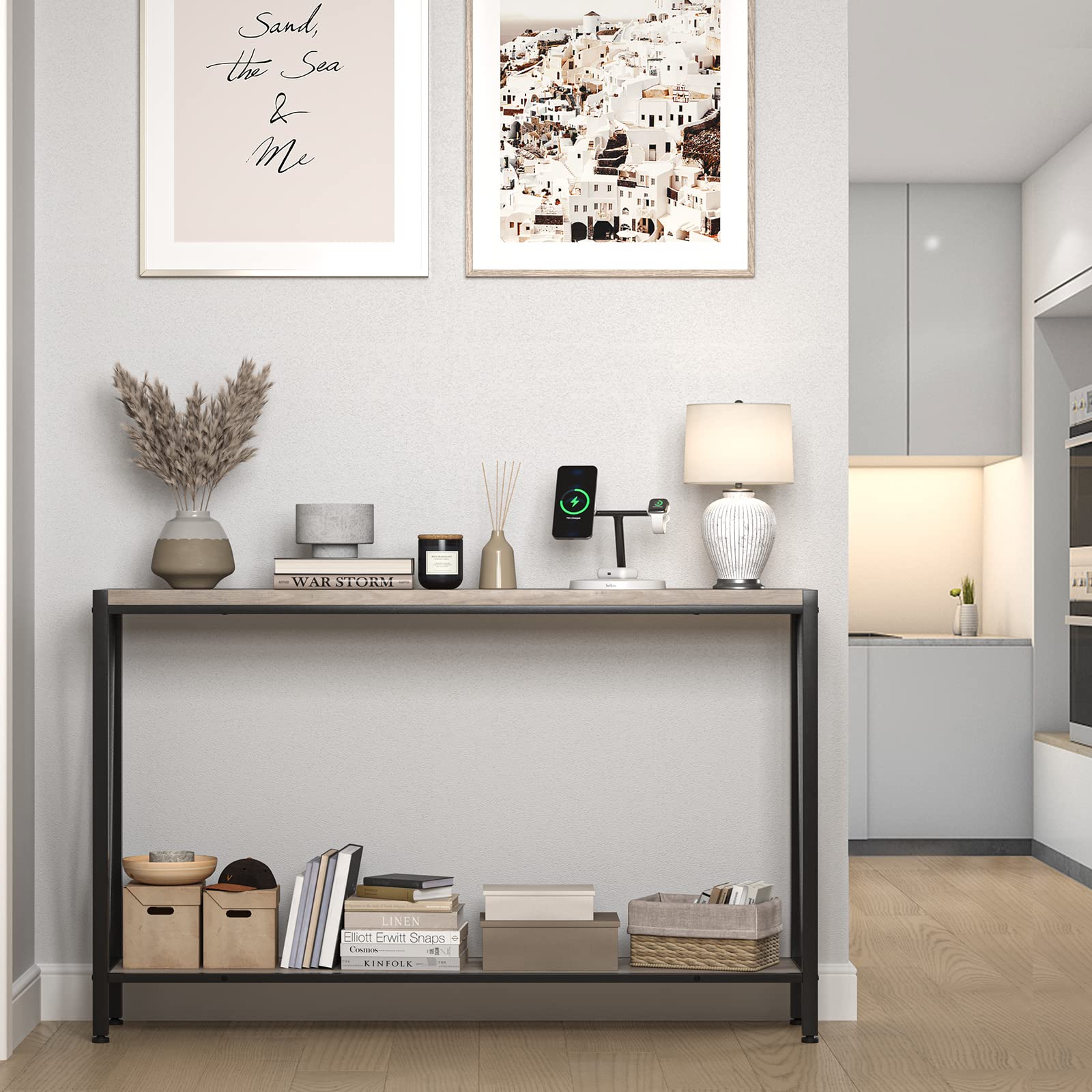 GarveeHome Tavolino d'Ingresso Stretto a Doppio Ripiano Grigio Retrò – Sottile in Stile Industriale Con Ripiani Portaoggetti Laterale Moderno Per Corridoio Adatto Soggiorno, e Ufficio