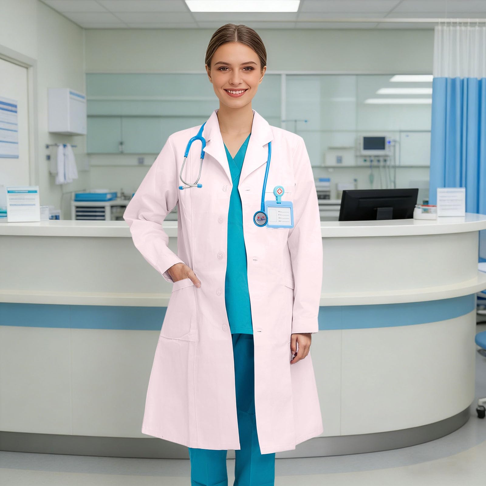 Blouse Blanche Medical Femme Manche Longue Blouse Blanche Chimie Lycee Blouses De Laboratoire Longue Blouses De Travail Femme Grande Taille Bouton Col V Avec Poche Pour Étudiant Hospital Infirmière