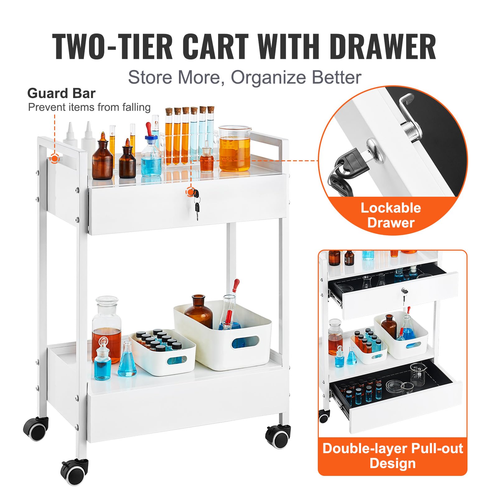 VEVOR Carrello da laboratorio in acciaio inox a 2 livelli con 2 cassetti e rotelle girevoli