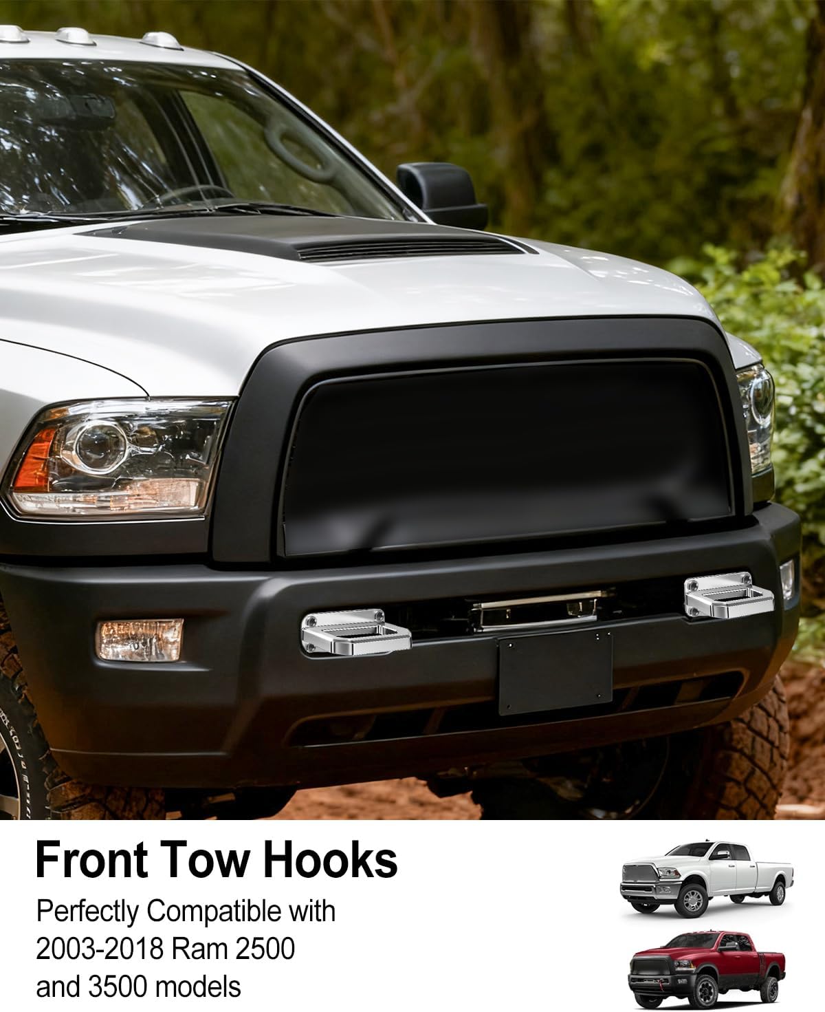 2PCS Front Tow Hooks Fit for Ram 2500 3500 2WD and 4WD 2003-2018 Truck Recovery Replace 68171791AA 52020587AB, Aluminum D-Ring Shackle