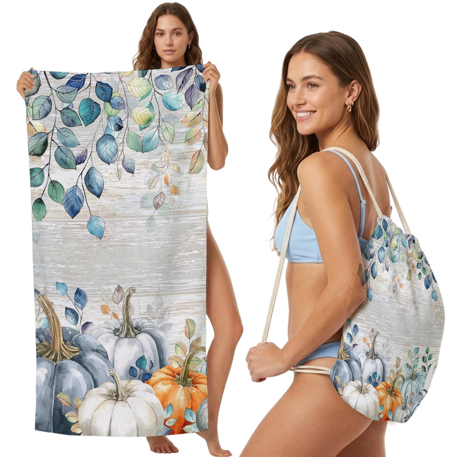 2-in-1 Beach Towel Backpack,Thanksgiving Blue Pumpkin Eucalyptus Leaves Bath Towel with Built-in Storage Shabby Chic Convertible Foldable Beach Blanket for Travel Pool Gym Camping Swim,31x63in