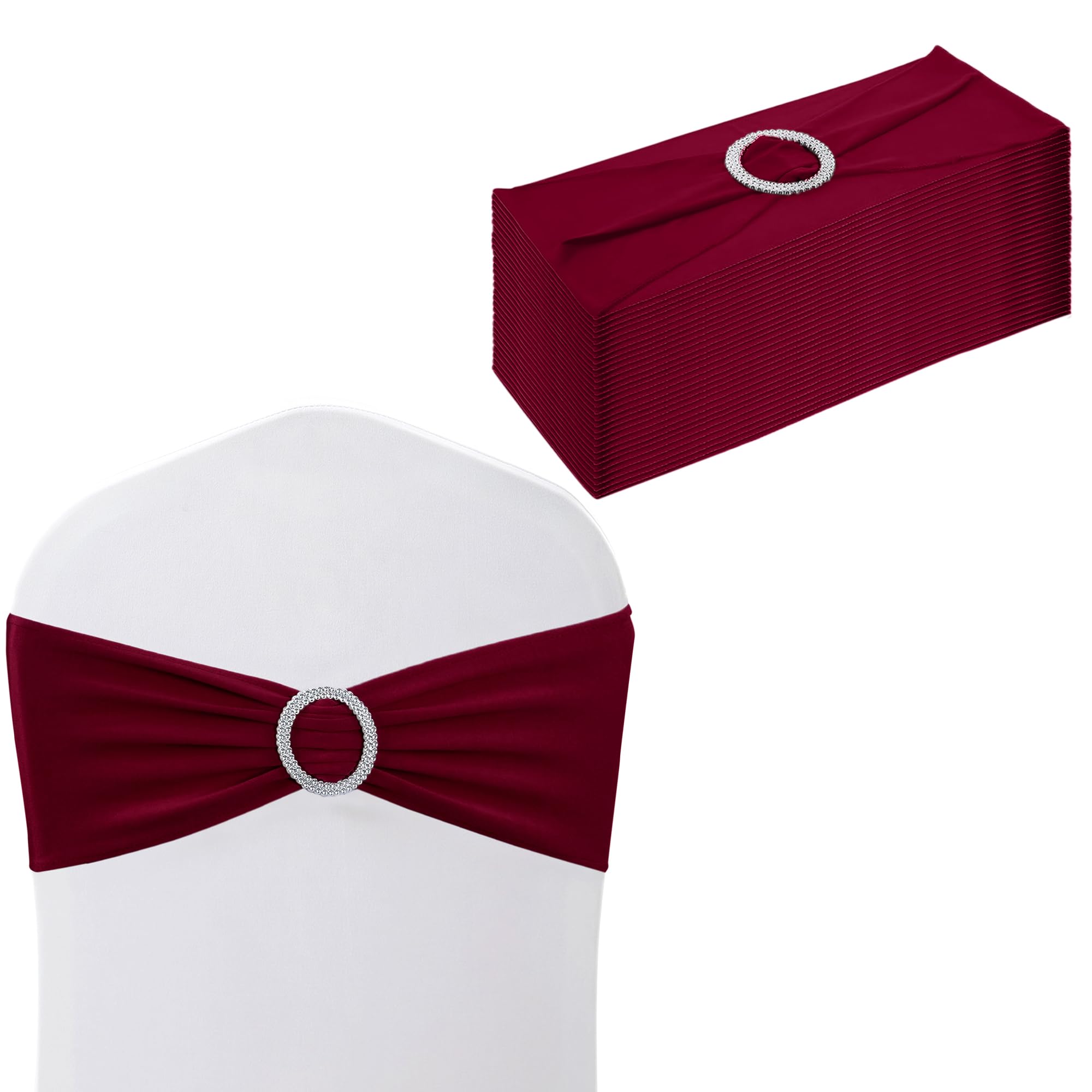 WedDecor Stretch Chair Bands Plain Spandex Band with Slider Buckle for Wedding Party Chair Decoration, Events Supplies, Formal Meeting, Burgundy, 13 x 6 Inches, 10pcs