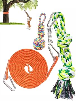Outdoor Dog Hanging Bungee Tug Toy, Spring Pole Rope Pull Tether Tug of War from Tree for Small Medium Large Dogs to Exercise Play, Interactive Tug Toy, 2 Dog Rope Toys