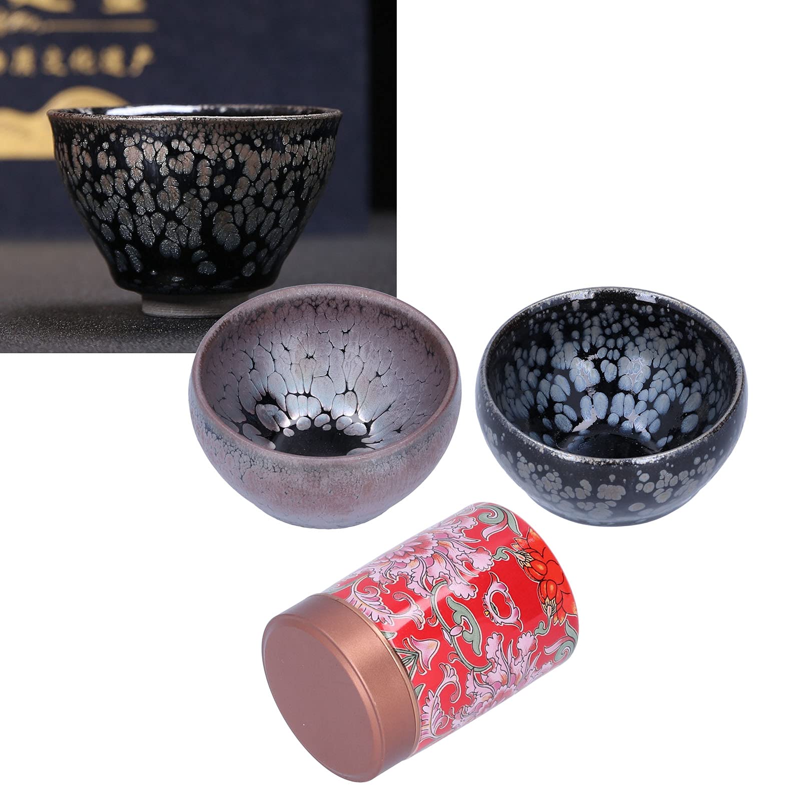 Handbemaltes Teetassen-Set aus Glasierter Keramik, 2-tlg. Porzellan-Teetasse Mit Vintage-Teekanister Im Chinesischen Stil, Einzigartige Textur-Glasur-Tasse