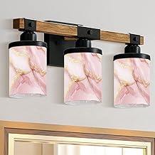 3-Light Bathroom Light Fixtures Pink Marble Rose Gold Farmhouse Wood Vanity Lights Over Mirror Wall Lamp with Glass Shade Wall Sconces for Living Room