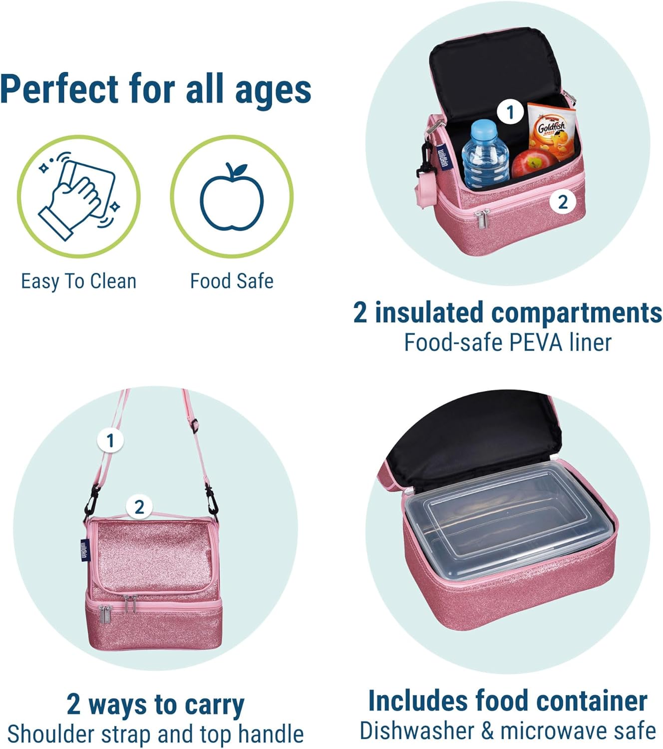 Wildkin Two Compartment Insulated Lunch Bag for Kids – School & Travel Ready - Pink Glitter