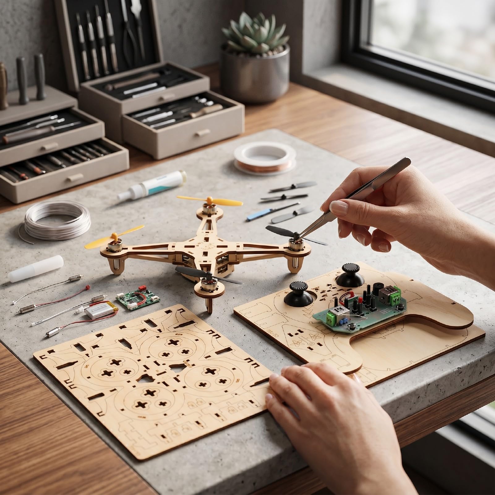 Sxhlseller Kit Drone in Legno Fai-da-te Quadricottero per Principianti |Modello di Aereo 3D in Legno di Faggio con Telaio Protettivo, Progetto STEM in modalità Senza Testa con Decollo