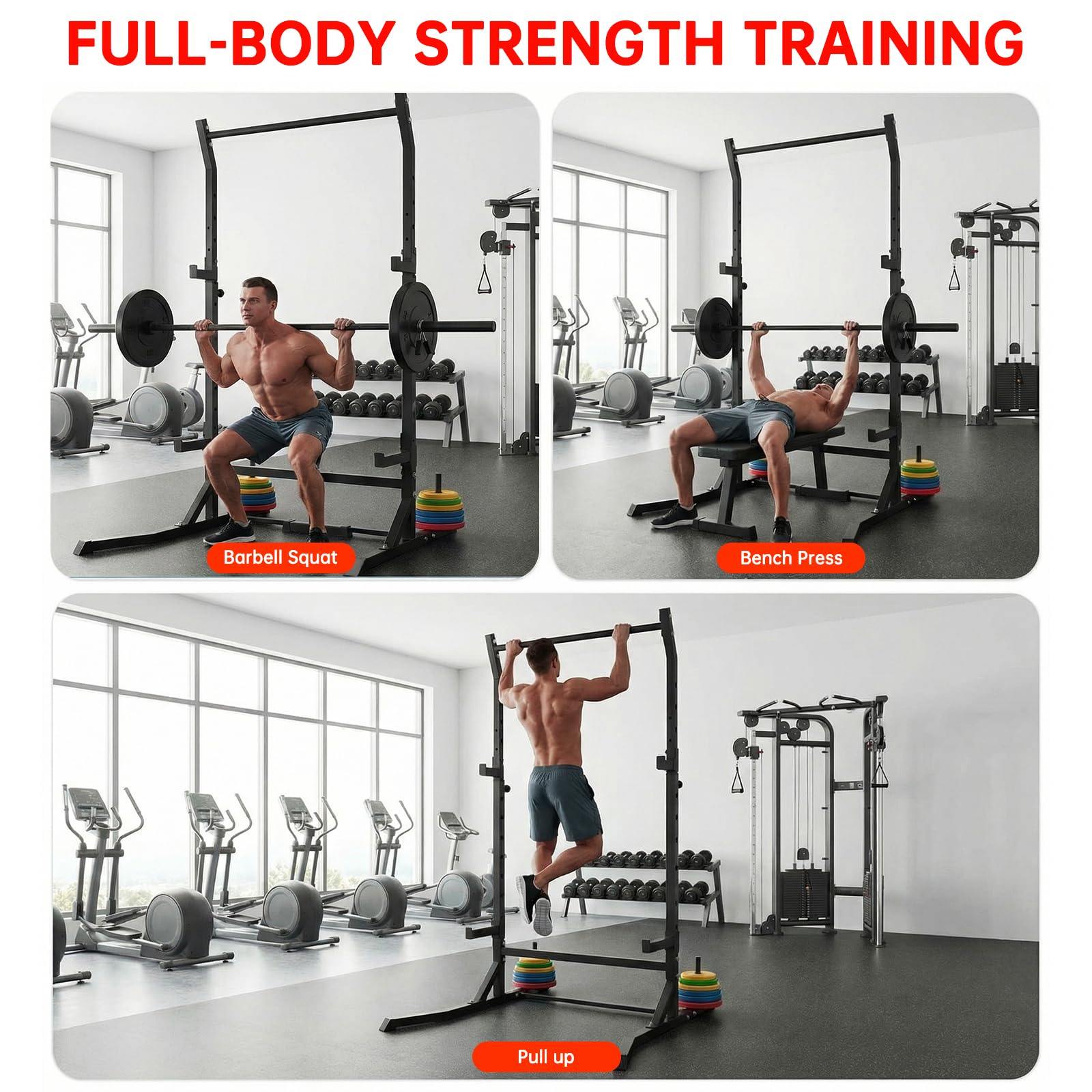 Power Cage Squat Rack Belastbar, Kraftturm Multifunktionales Power Rack für Home Gym Dip Stange, Verstellbarem J-Haken & Sicherheitsstangen für Klimmzüge mit Langhantel