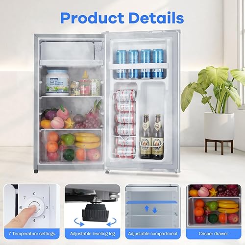 Miniatura 2 de Mini refrigerador con congelador, capacidad de 91 litros con termostato ajustable, cajón fresco, estantes de vidrio extraíbles, mini refrigerador