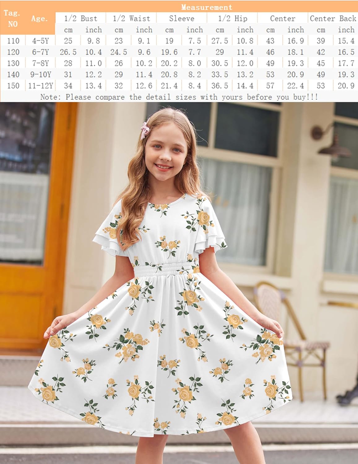 Arshiner Girl's Casual Dress Summer Scoop Neck Short Sleeve Flowy Print and Plain Sundress for Kids 4-14Y - Image 6
