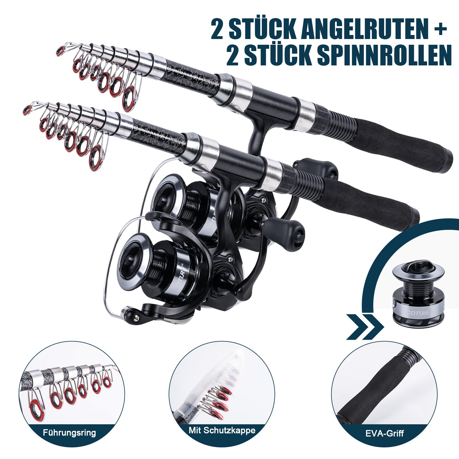 Goture Set da pesca con 2 canne da pesca telescopiche, 1,9 m/2,1 m/2,3 m/2,5 m/2,7 m, set completo 2 5,2: 1, spinning, corda, scatola per esche e borsa per il trasporto, per acqua salata/dolce, viaggi
