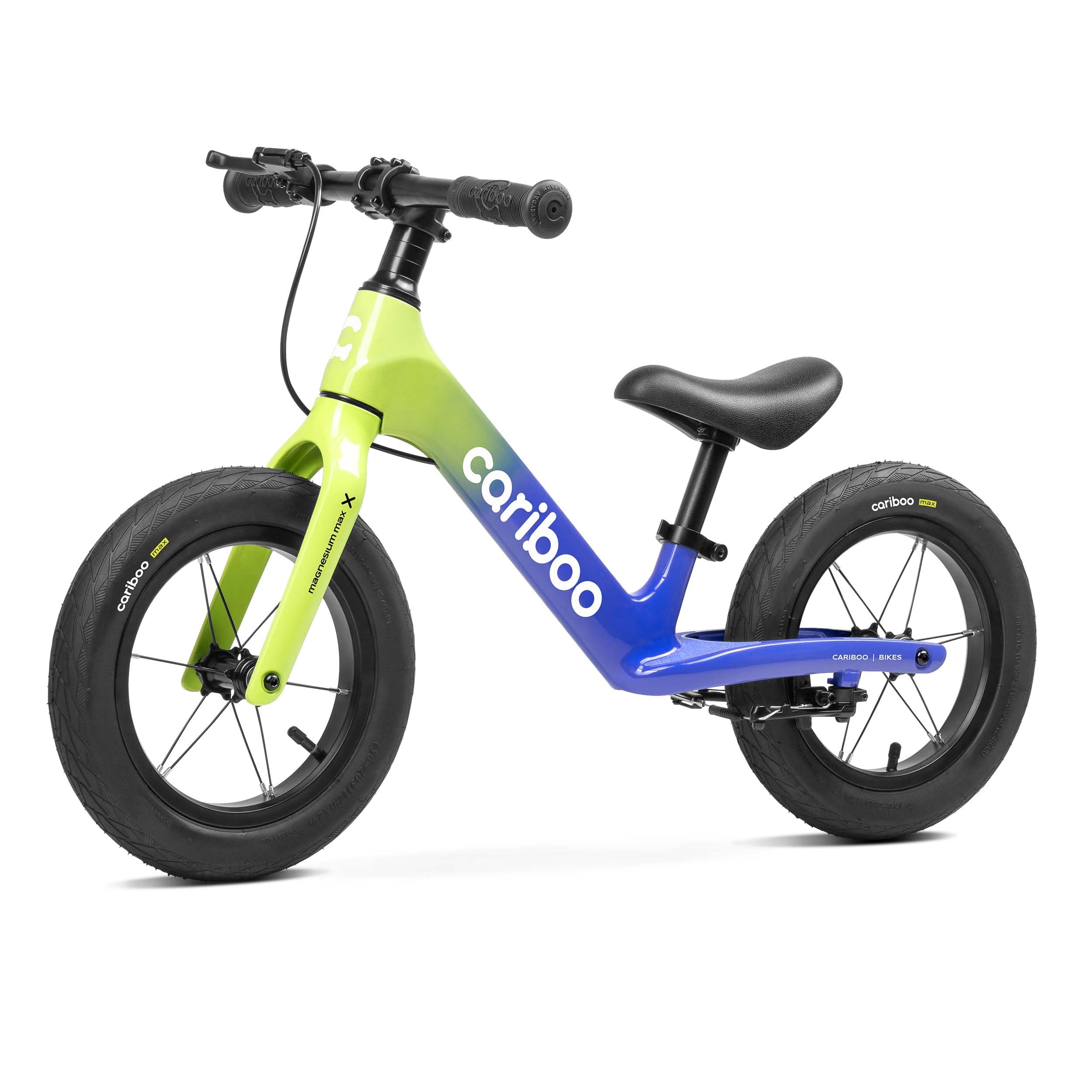 Cariboo Draisienne pour Enfants dès 2 Ans - Ultralégère 3,6 kg - Selle et Guidon Réglables - Cadre en Magnésium, Frein V-Brake - Charge Jusqu’à 30 kg - Magnesium Max Jaune Citron-Bleu