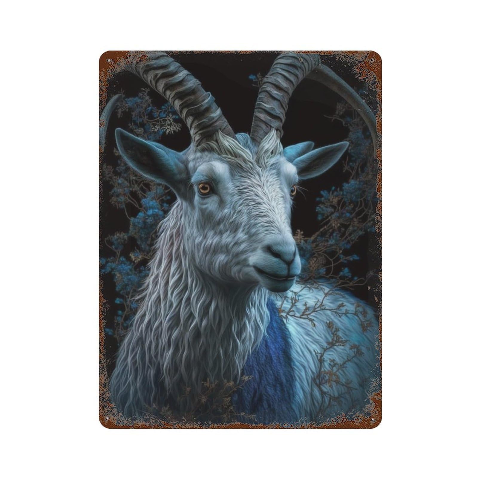 Vintage Rust Metal Sign with Blue Mountain Goat Portrait Design 15.7"x11.8", for Shed, Workshop And Garage Wall Decor, Retro Wall Decor