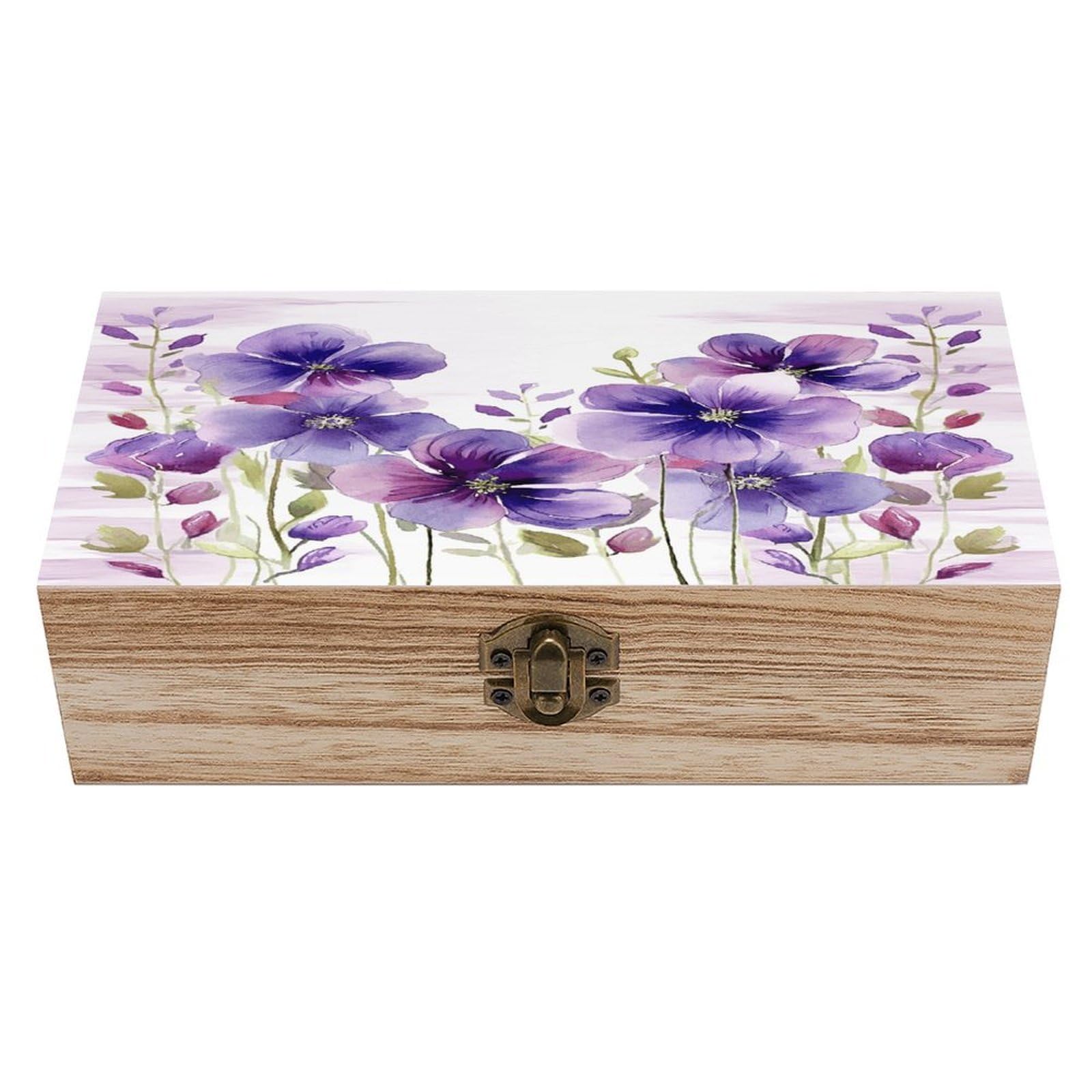 VstaDank Watercolor Purple Flowers Wooden Storage Box Wooden Keepsake Box with Hinged Lid Exquisite Solid Wood Decorative Jewelry Case Memory Box for Jewelry Photos Letters Crafts Trinkets