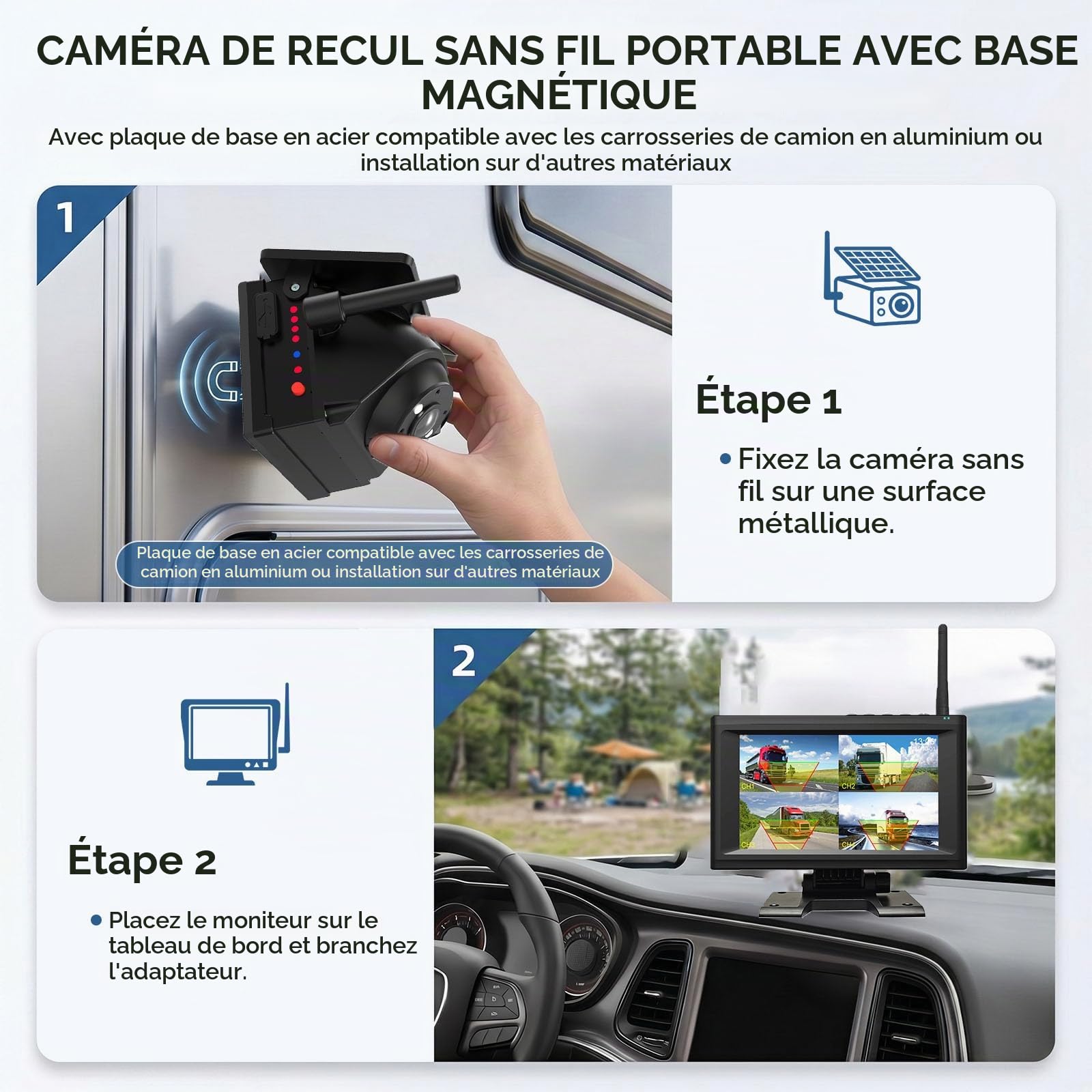 Solaire Caméra de Recul sans Fil, 1080P Caméra WiFi Magnétique avec Écran 7 | Caméra Recul Camping-Car, Remorque avec Vision Nocturne et Grand Angle 150° Installation de Bricolage