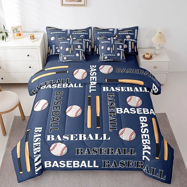 Feelyou Boys Baseball Comforter Set with Sheets Twin Size Sports Baseball Print Bedding Set for Kids Teens Girls Ball Gamer Decorations Bed in a Bag Blue Bed Set