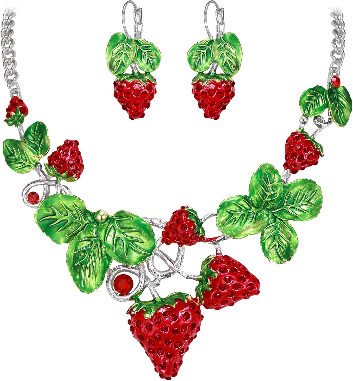EVER FAITH Women's Austrian Crystal Sweet Strawberry Leaf Necklace Earrings Set