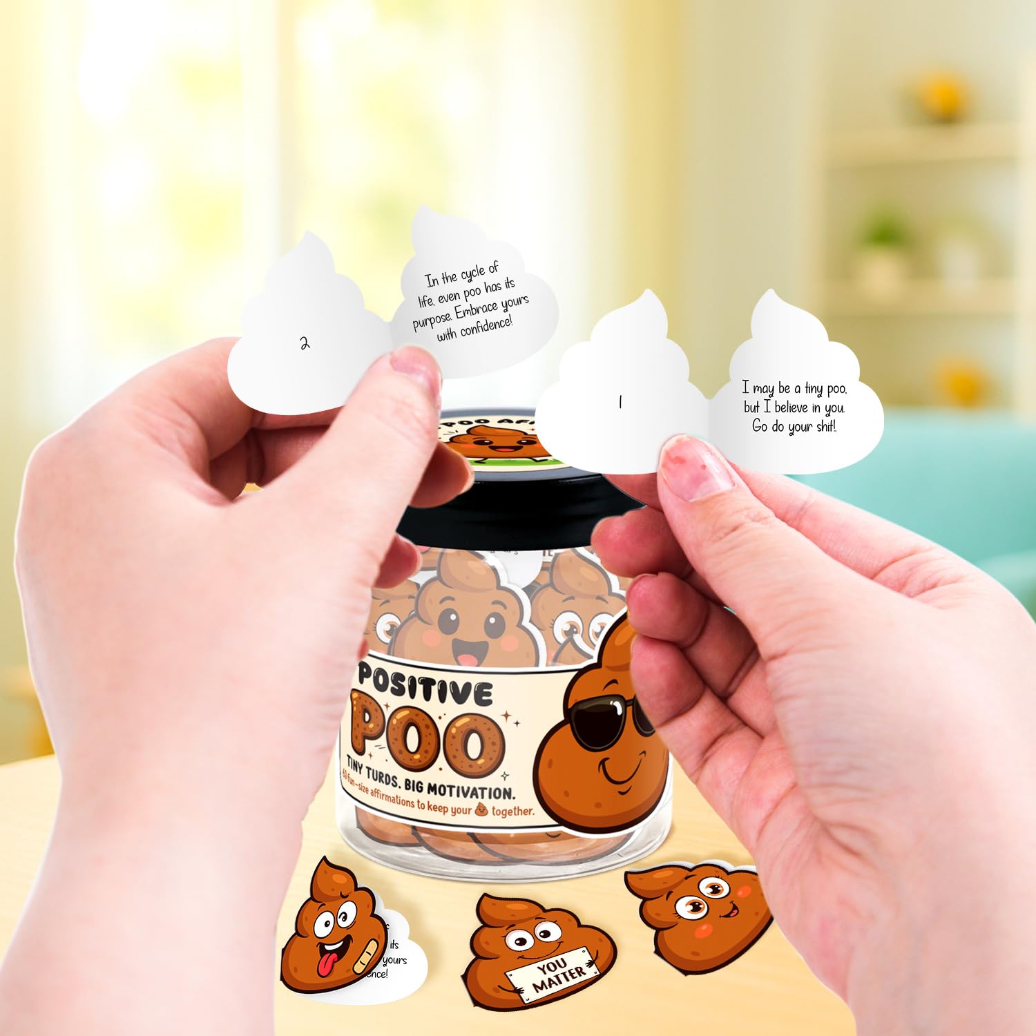 Funny Positive Poo Affirmation Cards Jar - Funny Fathers Day Gag Gift for Men, Brother, Teens, Coworkers, Best Friend - Poop Emoji Gifts - Poop Gifts - Emotional Support Poo