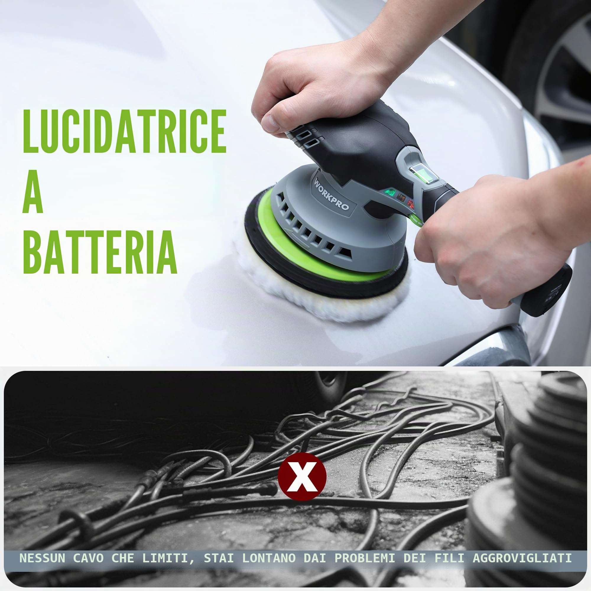 WORKPRO Lucidatrice a Batteria 12V 150mm, Kit di Lucidatura per Auto con 2 Batterie da 2,0ah, 2800-5500 Giri/Min, 1 Ora di Ricarica Rapida, 1 Borsa per Attrezzi e 23 Accessori