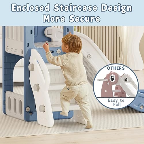 Miniatura 4 de XJD Tobogán 5 en 1 para niños pequeños de 1 a 3 años, juego para interiores y exteriores con aro de baloncesto y pelota, espacio de almacenamiento y