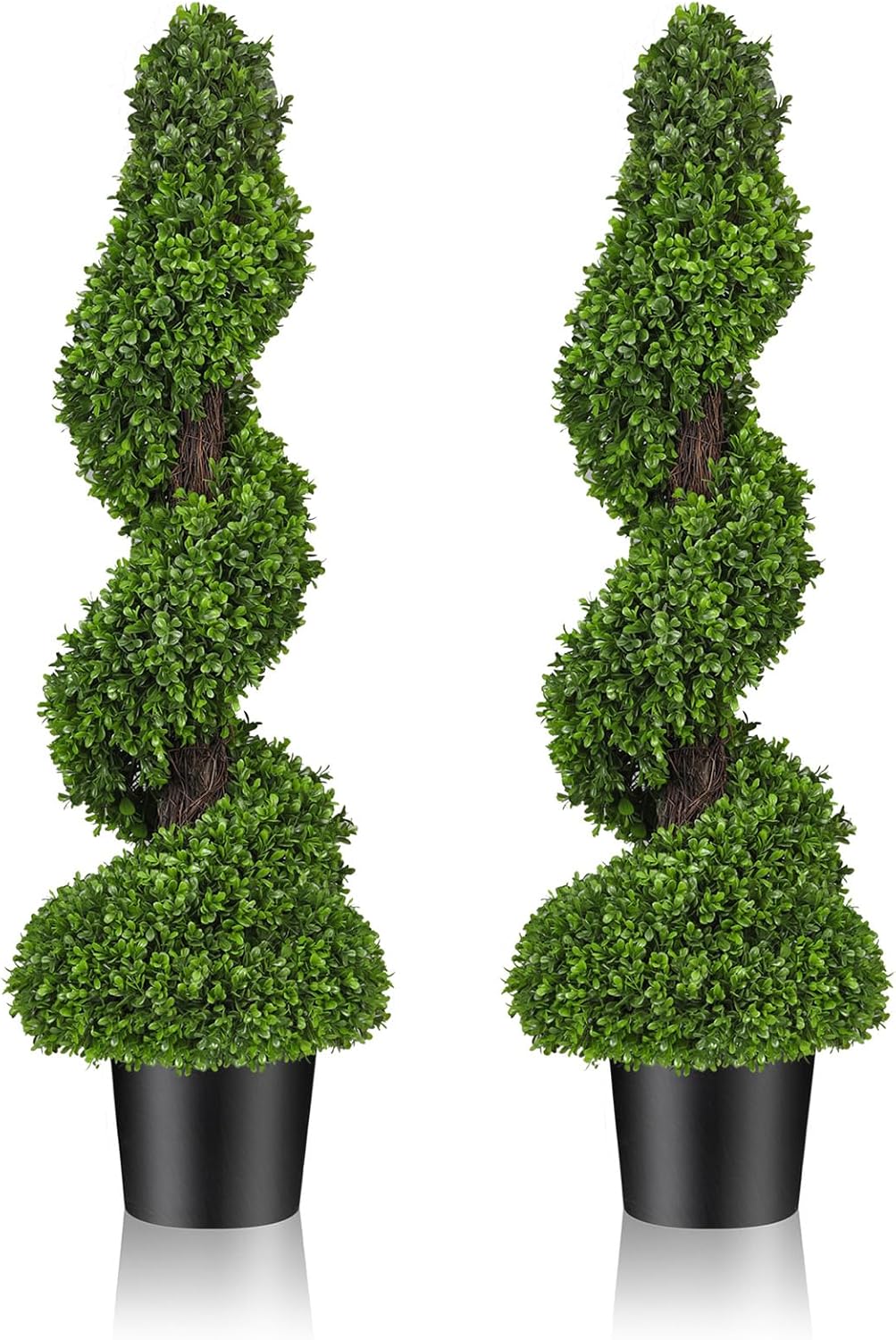 Artificial Boxwood Topiary Trees for Outdoor Front Door, Porch, Garden - 3 ft Tall Spiral Faux Shrubs Plants with Ceramic Planters, Fake Tree Potted for Indoor Home Office Decor, Set of 2