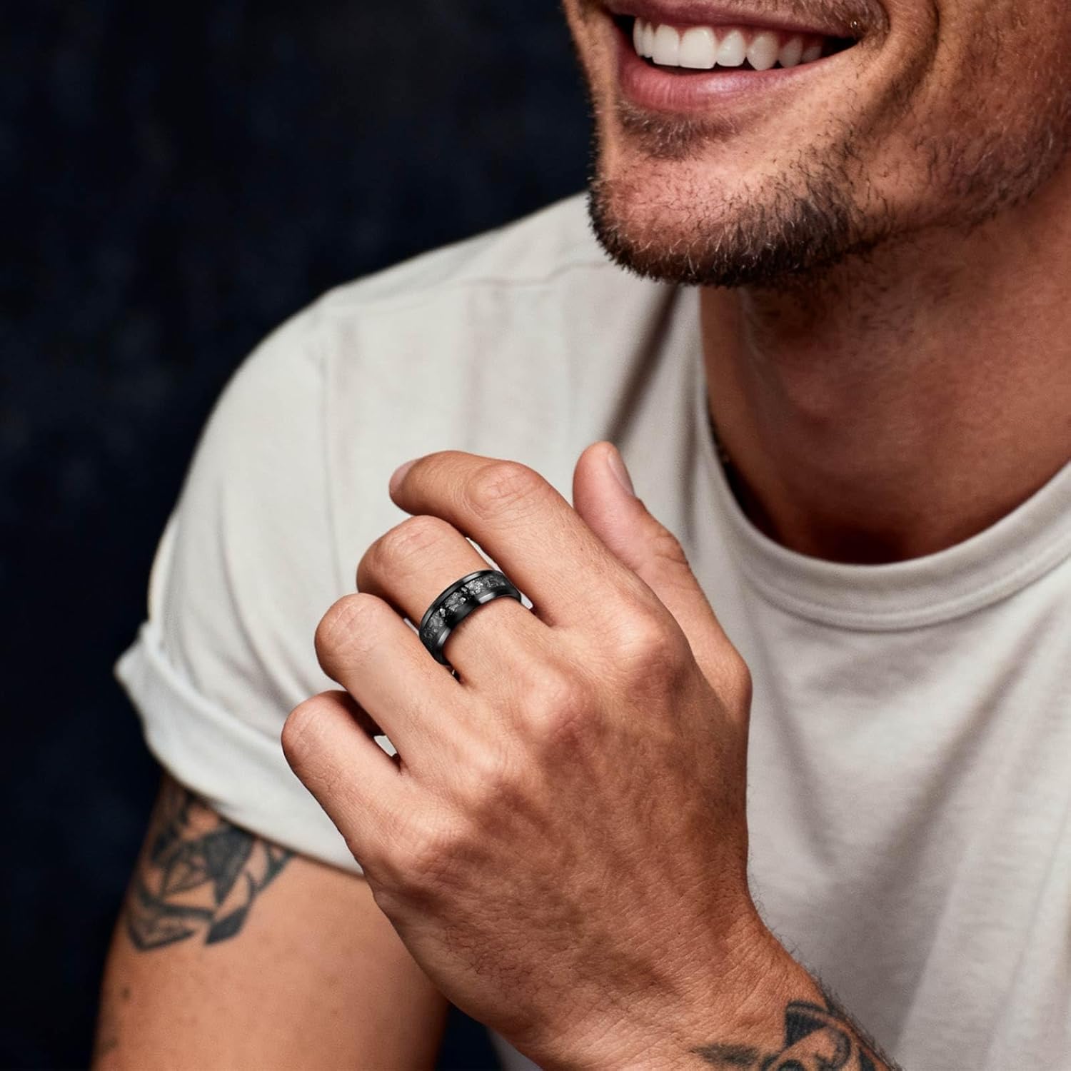 Meteorite Tungsten Mens Wedding Bands, Engagement Promise Rings for Couples Men Women, 8mm Width Black Polished Bands, Size 8-12 - Image 6