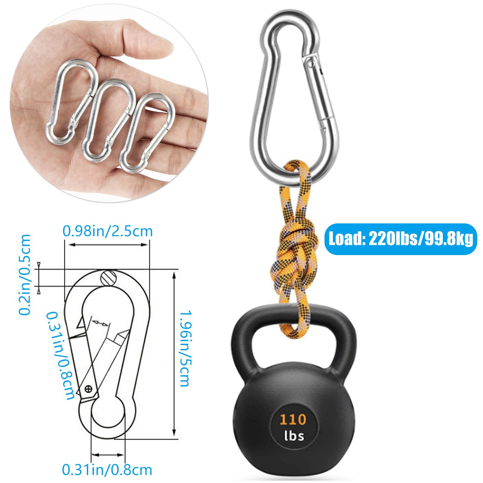 LANIAKEA 60 Pack 2inch Carabiner Clip Spring Snap Hook, M5x50MM Small Carabiner Clip Metal Clip Heavy Duty Rope Connector Heavy Duty Carabiner Clips for Home Gym, Outdoor Traveling, Swing, Hiking